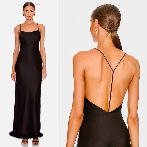 Simon Miller Kizo Black Feather Trim Open Back Maxi Slip Dress Gown Large - Picture 11 of 13